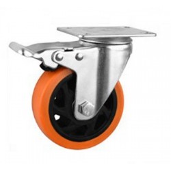 Roue pivotante en PVC Orange Ø100mm avec frein et à platine