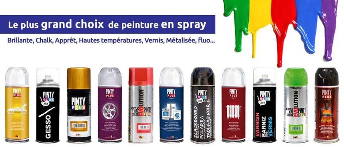 peinture en spray Brillante, Chalk, Apprêt, Hautes températures, Vernis, Métalisée, Electroménager, fluo...